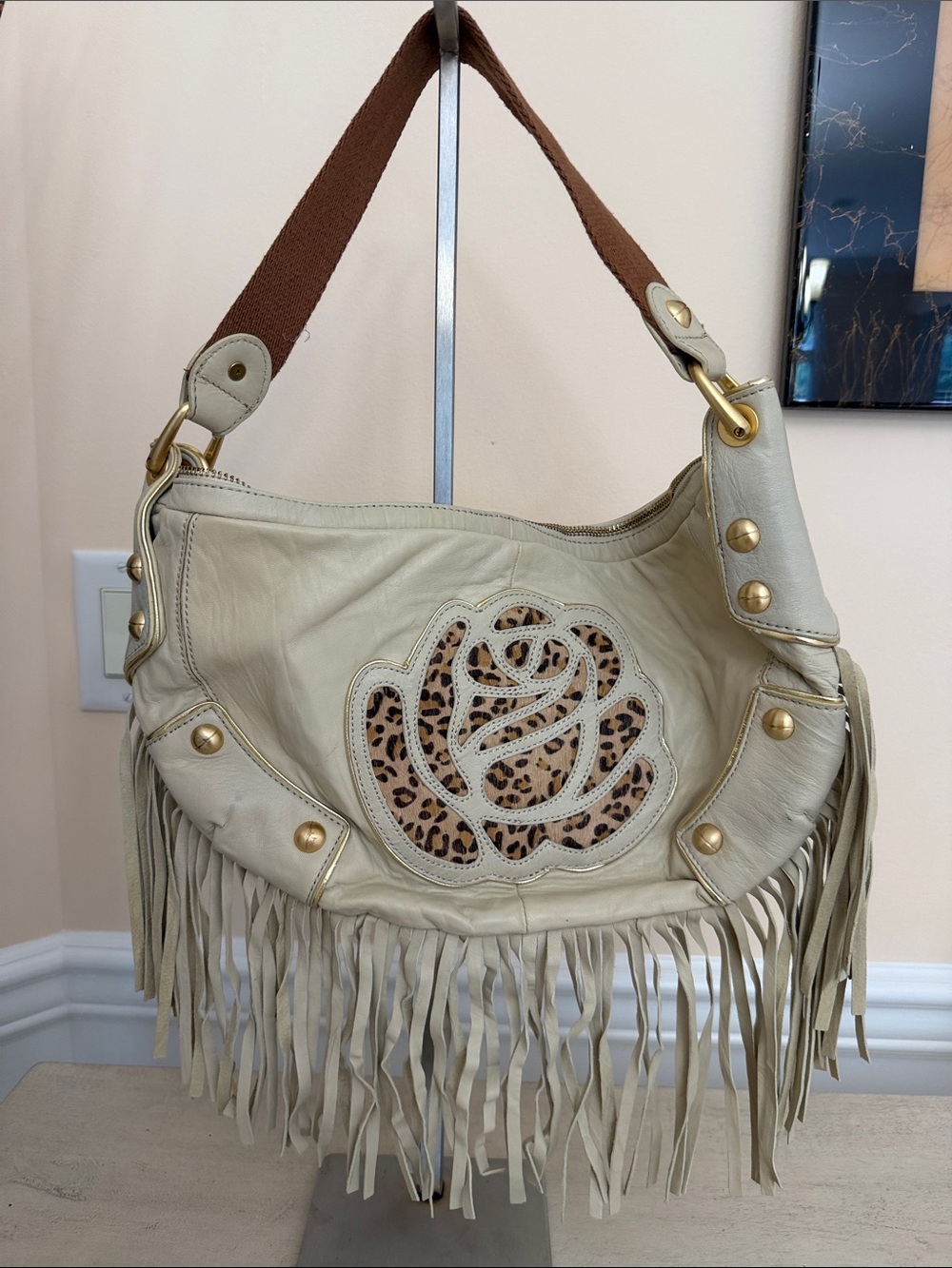 Betsey Johnson Cream Fringe Shoulder Bag with Leopard Rose Cutout